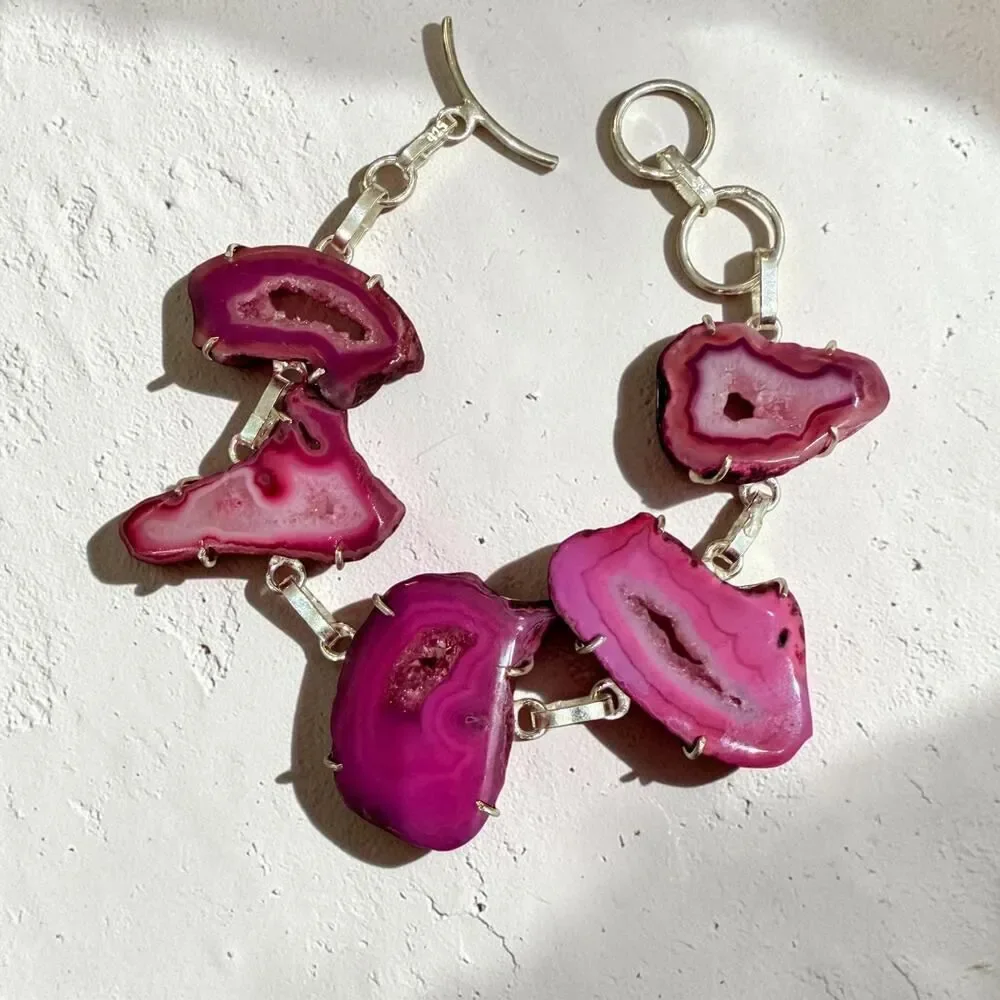 Pink Druzy Agate Slice Toggle Bracelet 925 Silver Plated